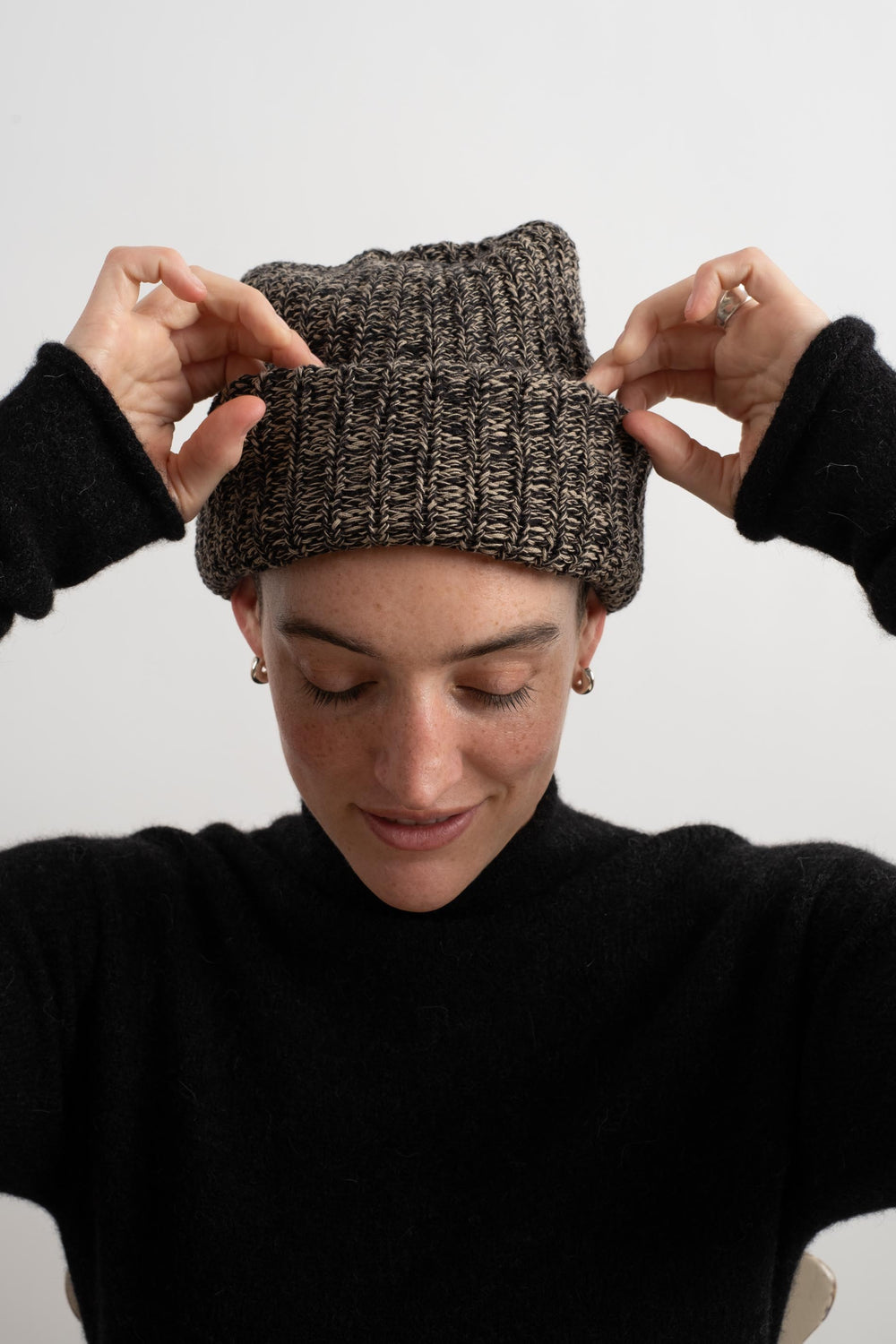 Knit Hat in Black + Old Gold Marl