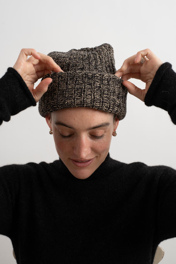 Knit Hat in Black + Old Gold Marl
