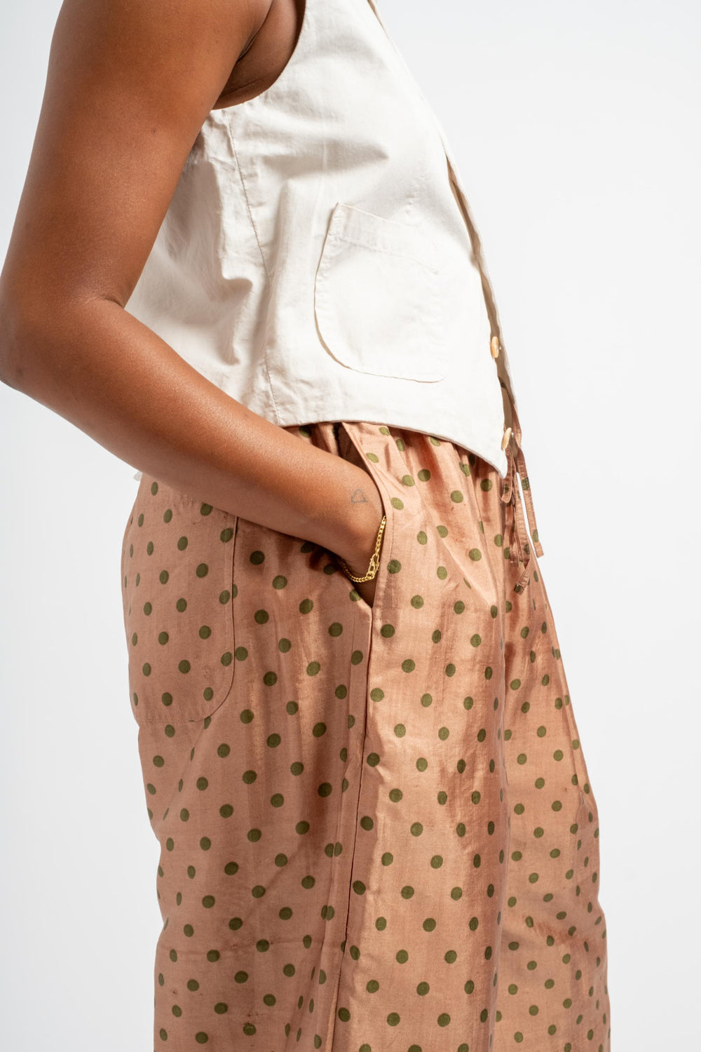 Tuck Pants in Coral + Brown Dot