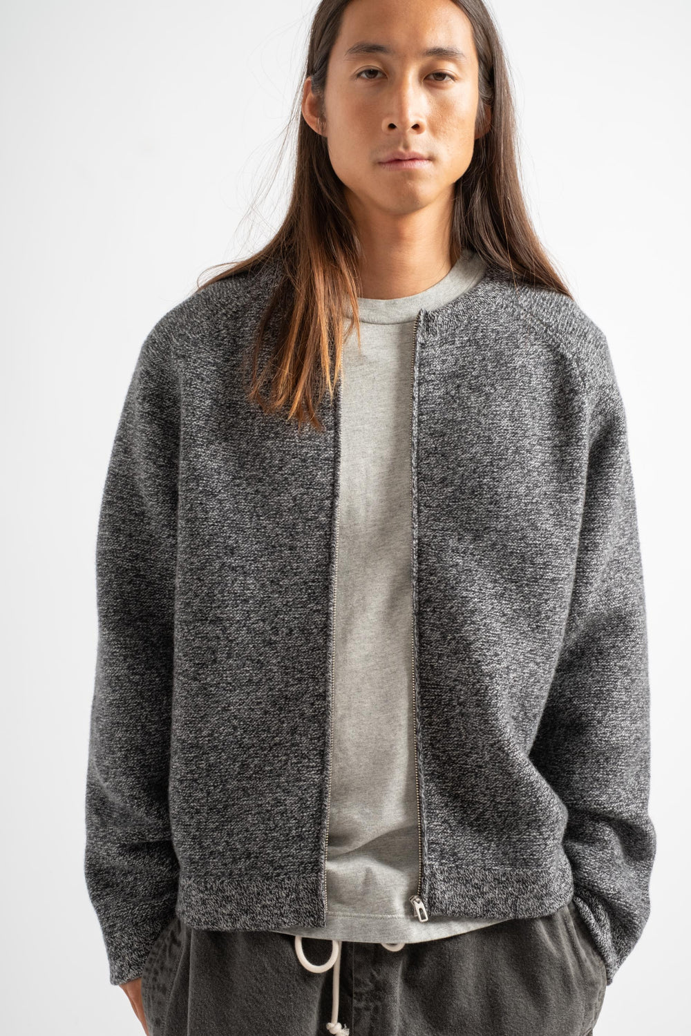 Wool Link Zip Cardigan in Black Twist