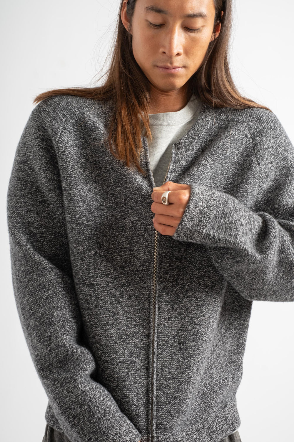 Wool Link Zip Cardigan in Black Twist