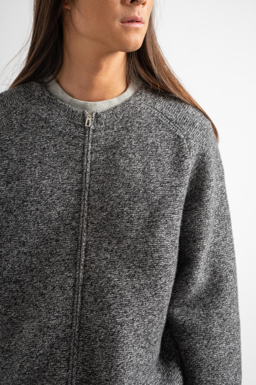 Wool Link Zip Cardigan in Black Twist