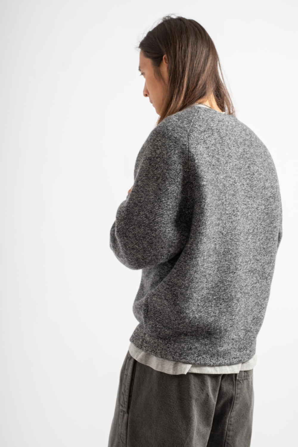 Wool Link Zip Cardigan in Black Twist