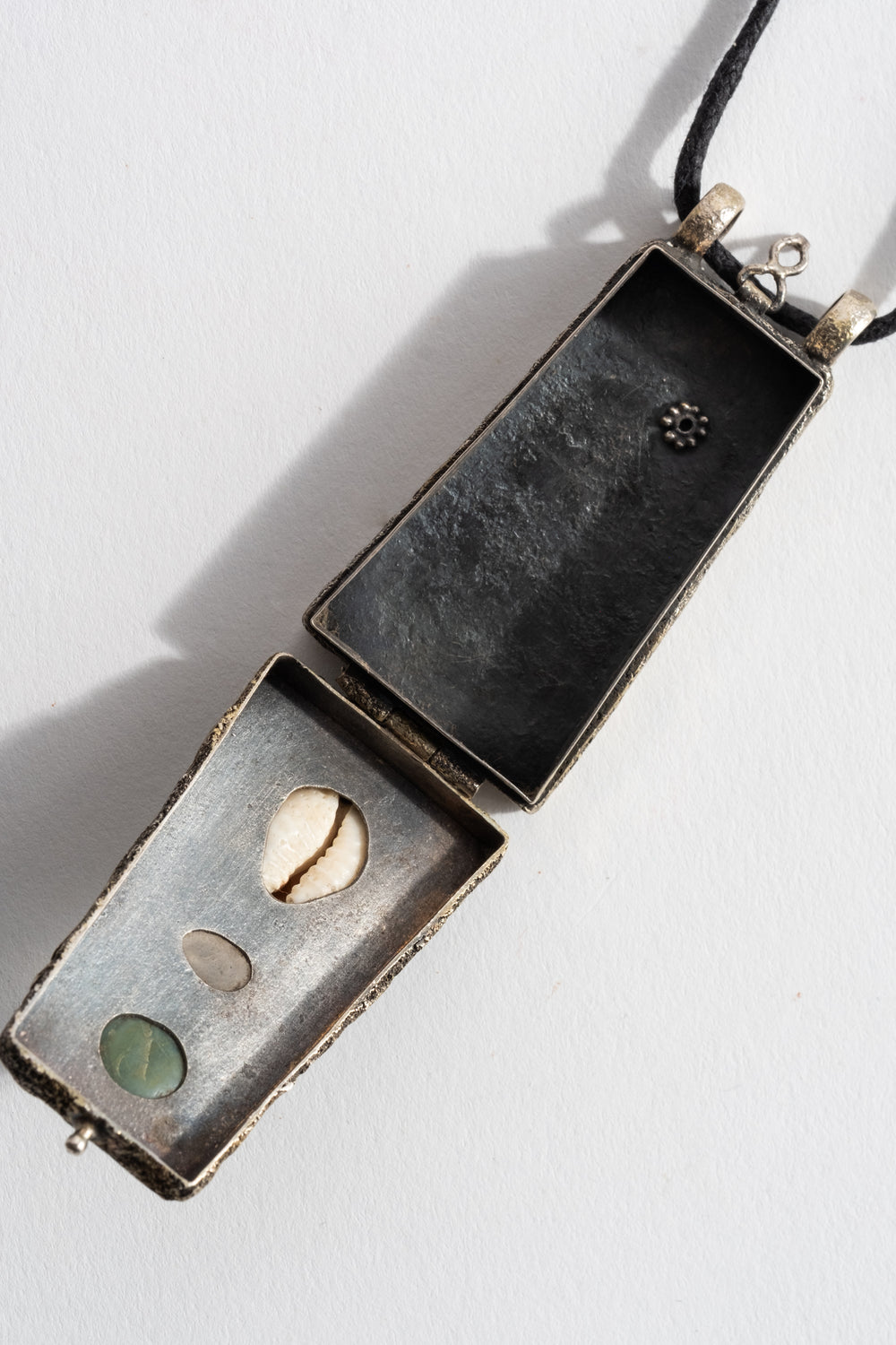 Sterling Repousse Shell, Quartz + Jade Locket
