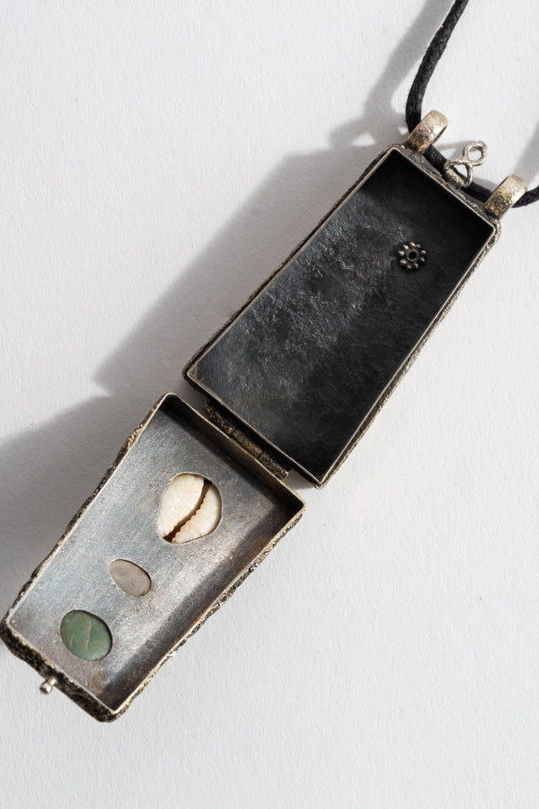 Sterling Repousse Shell, Quartz + Jade Locket