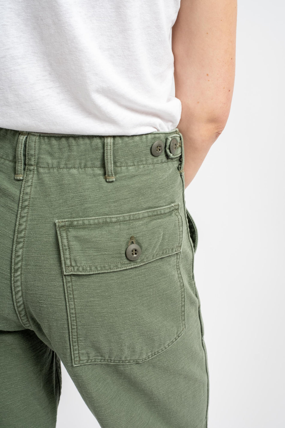Short Length Fatigue Pants in Green Used Wash