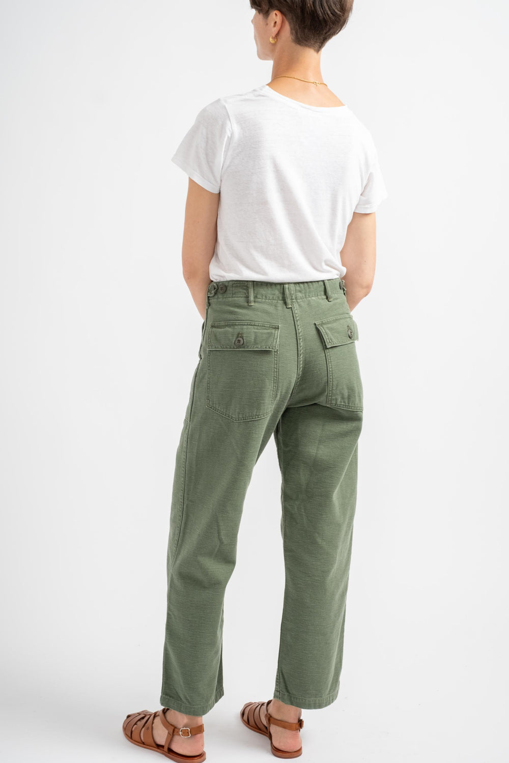 Short Length Fatigue Pants in Green Used Wash