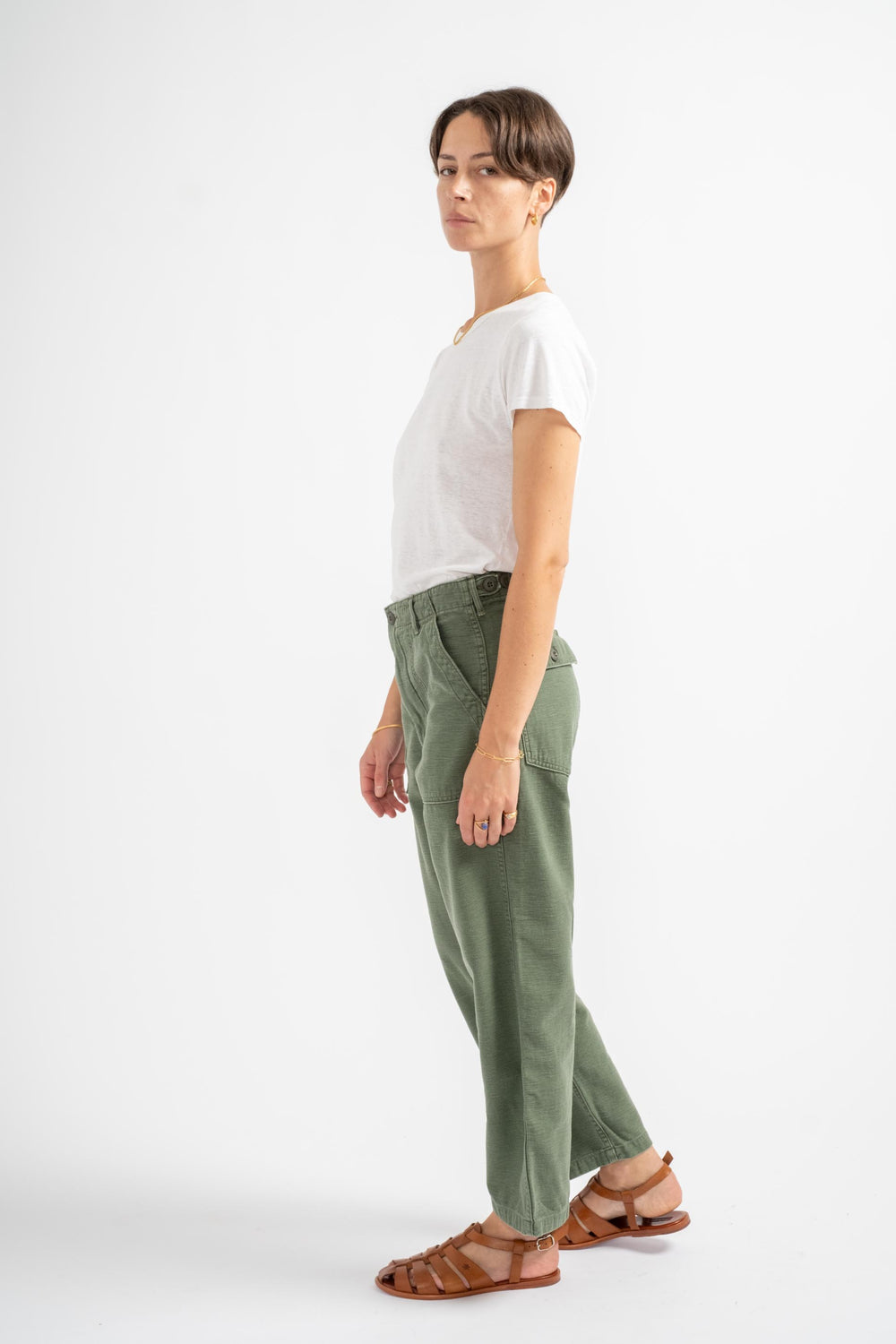 Short Length Fatigue Pants in Green Used Wash