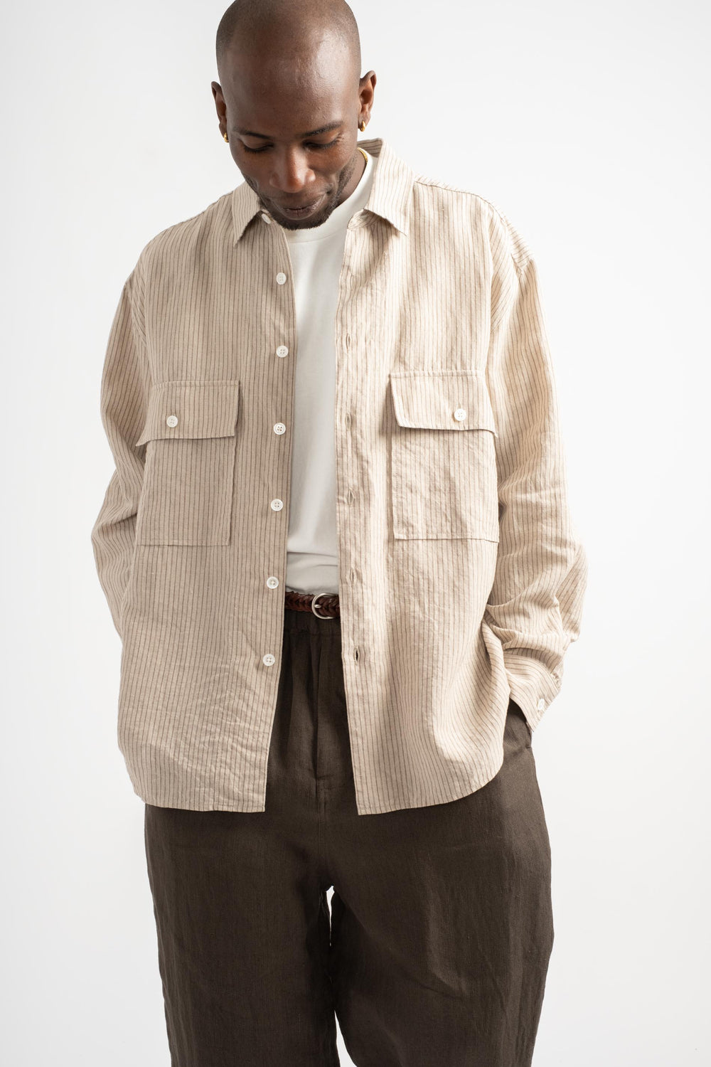 Big Shirt Yarn Dyed Linen/Cotton Stripe in Natural/Brown