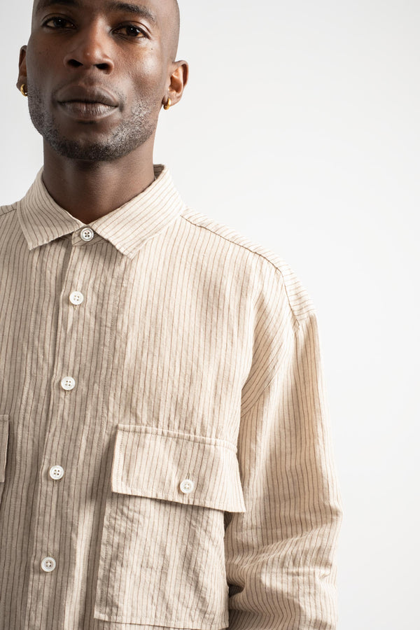 Big Shirt Yarn Dyed Linen/Cotton Stripe in Natural/Brown