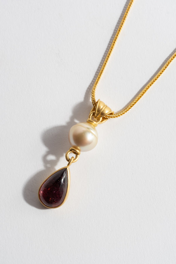 South Sea Pearl + Pink Tourmaline Tear Pendant