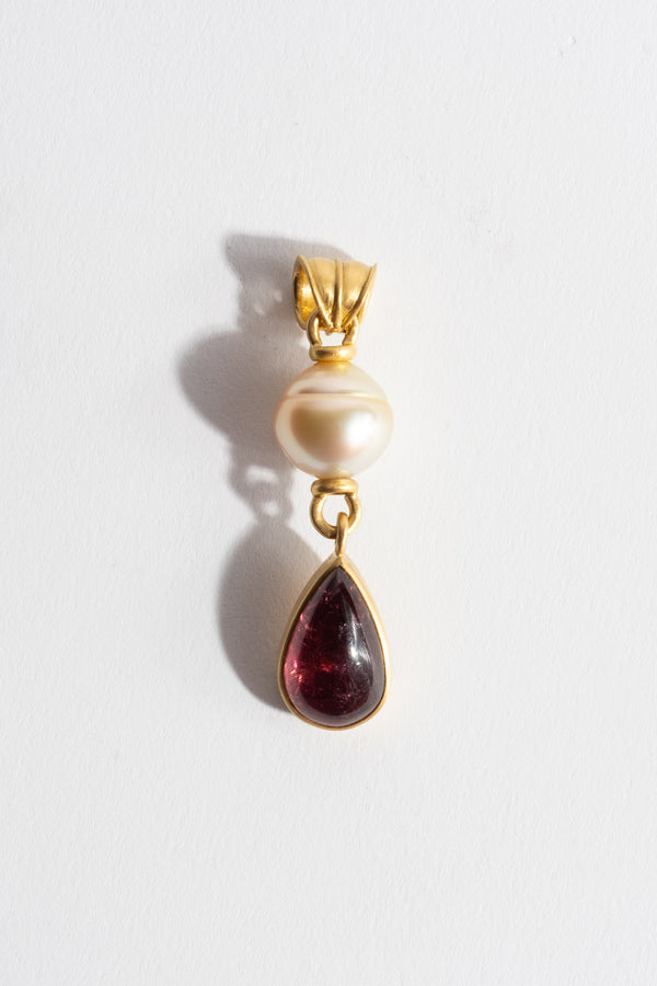 South Sea Pearl + Pink Tourmaline Tear Pendant