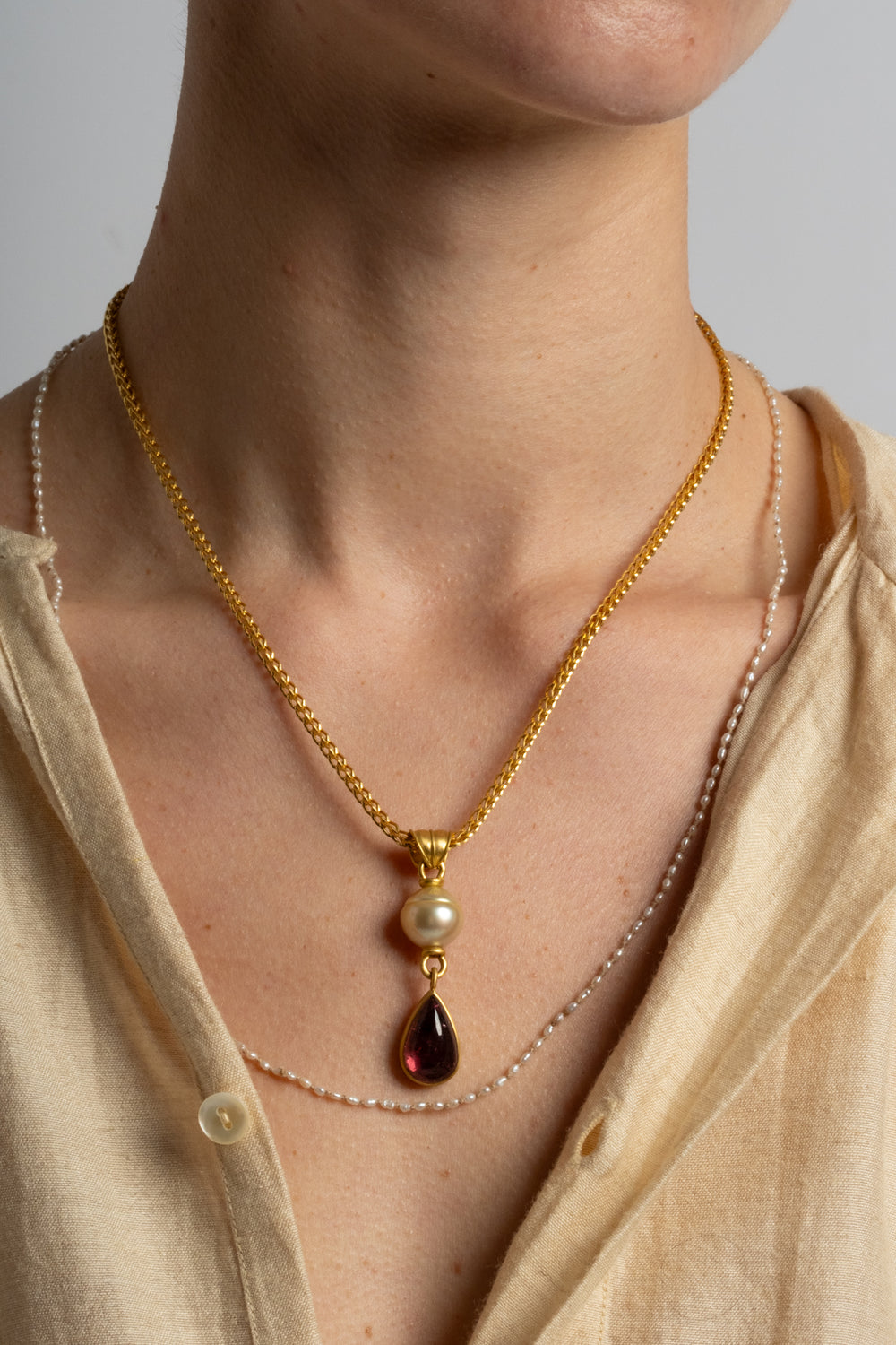 South Sea Pearl + Pink Tourmaline Tear Pendant