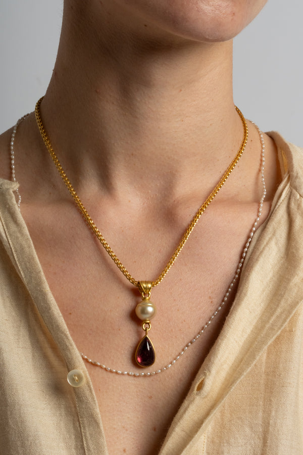 South Sea Pearl + Pink Tourmaline Tear Pendant