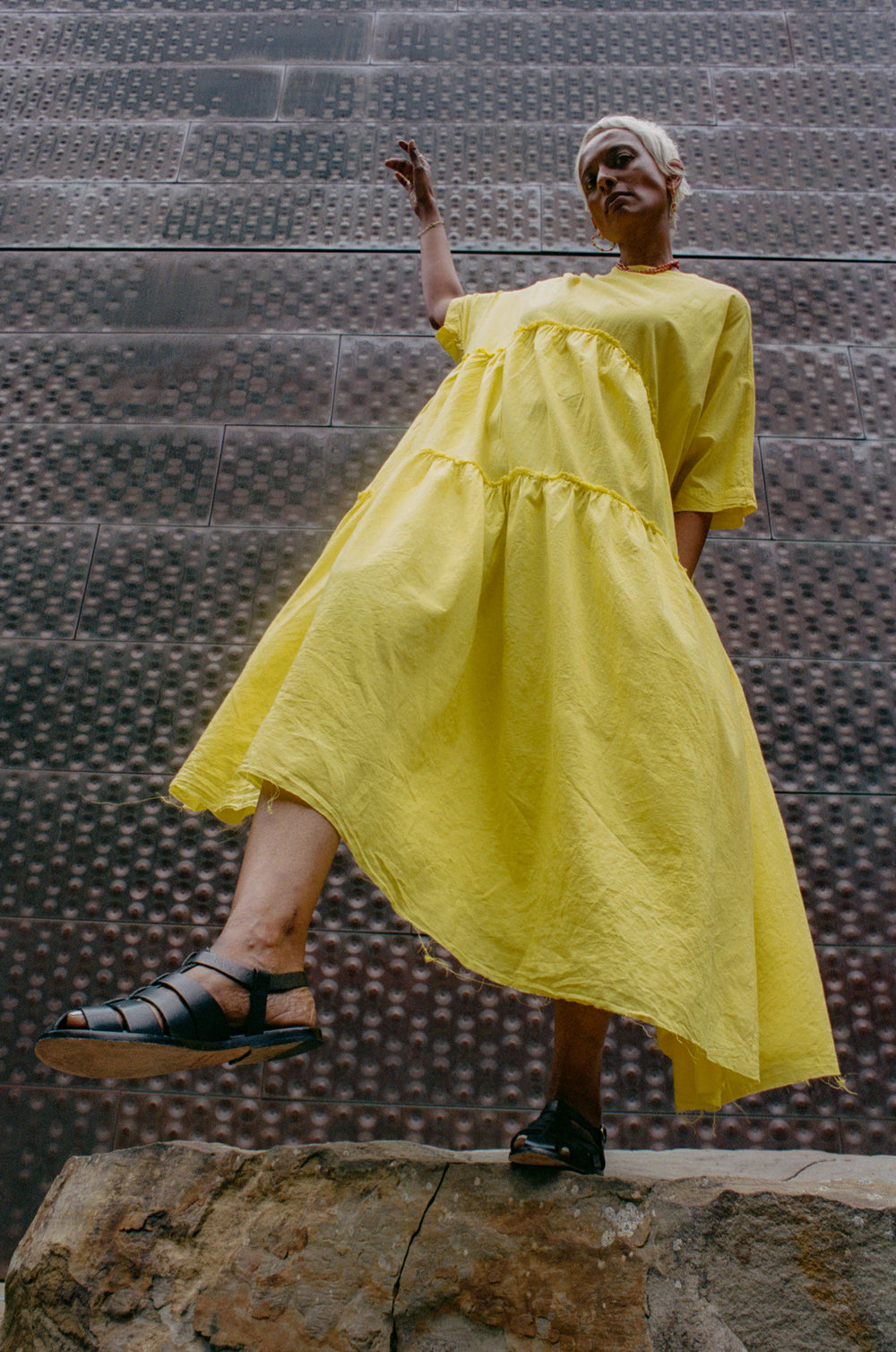 Squeesed Tiered Dress in Vivid Yellow