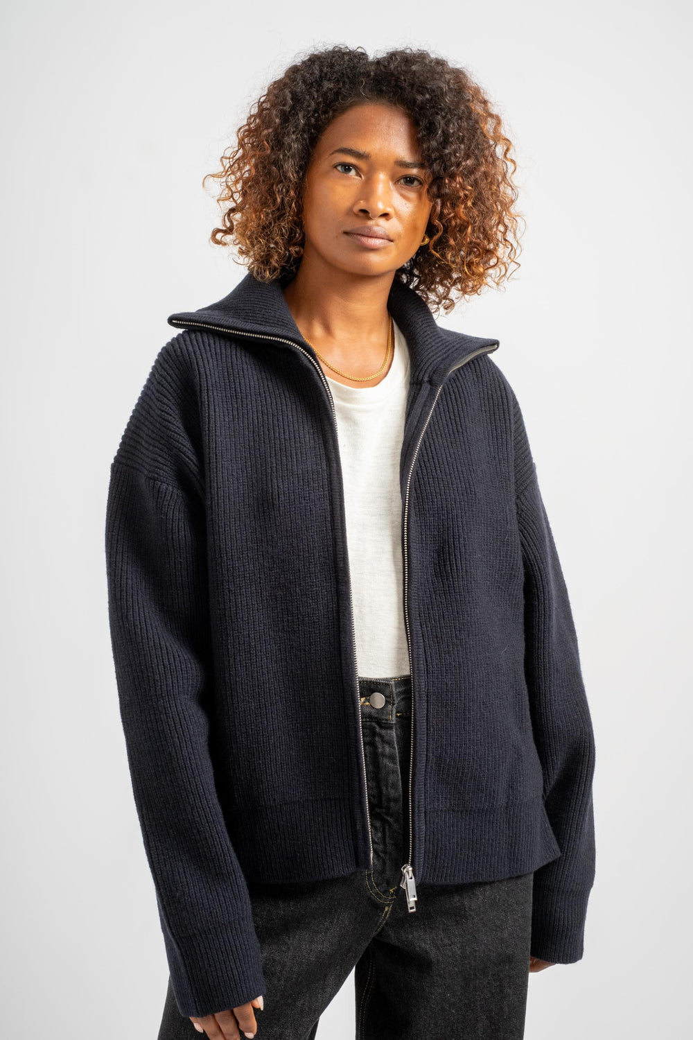 Sandos Rib Zip Through Jumper in Darkest Navy