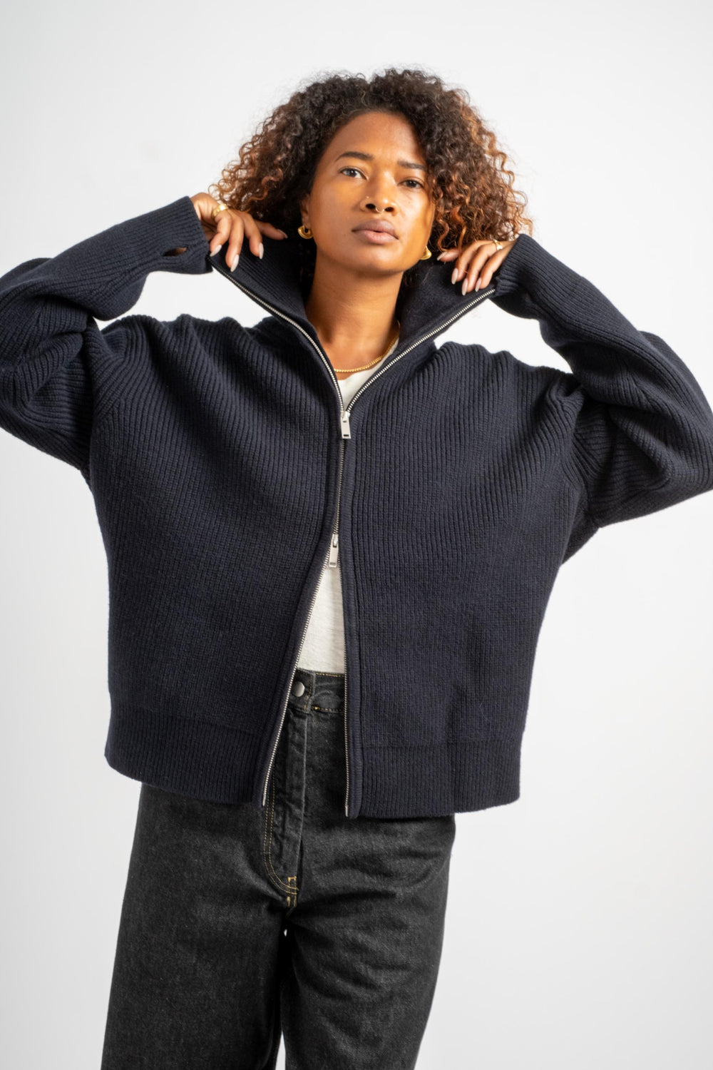 Sandos Rib Zip Through Jumper in Darkest Navy