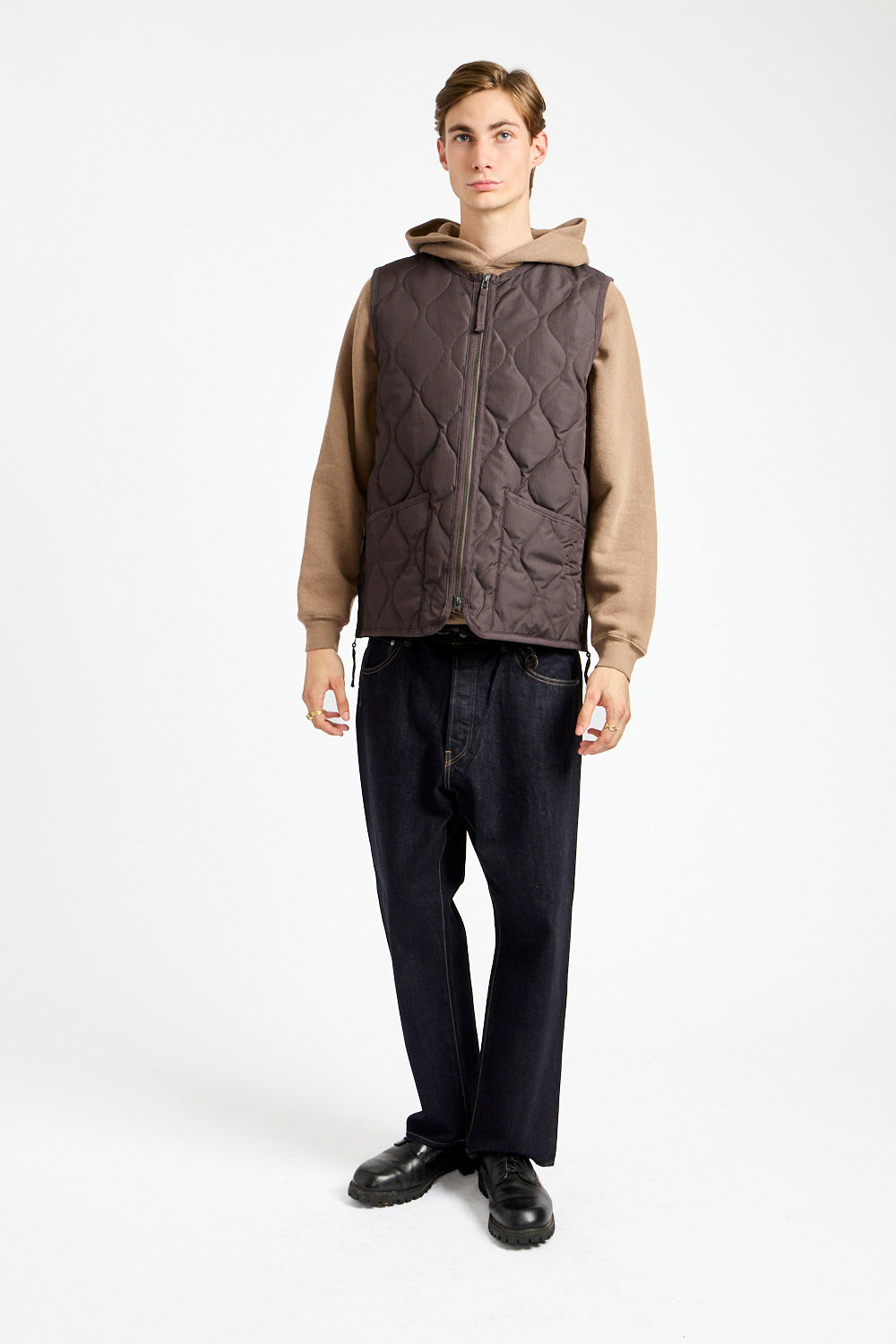 Military Crewneck Zip Down Vest in Dark Chocolate