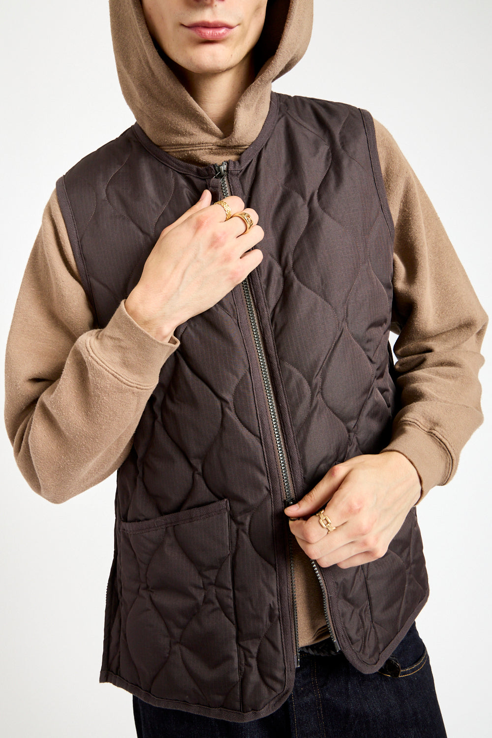 Military Crewneck Zip Down Vest in Dark Chocolate