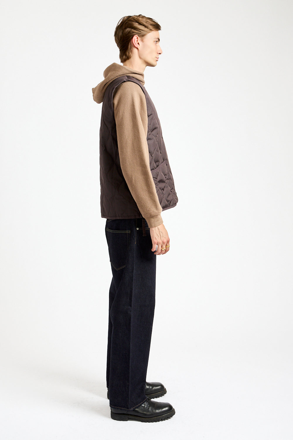 Military Crewneck Zip Down Vest in Dark Chocolate