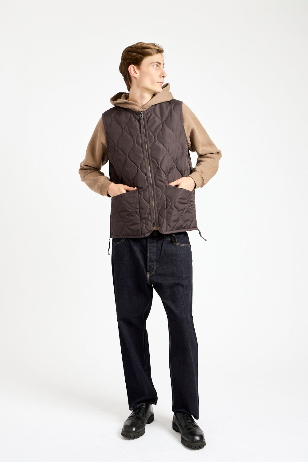 Military Crewneck Zip Down Vest in Dark Chocolate