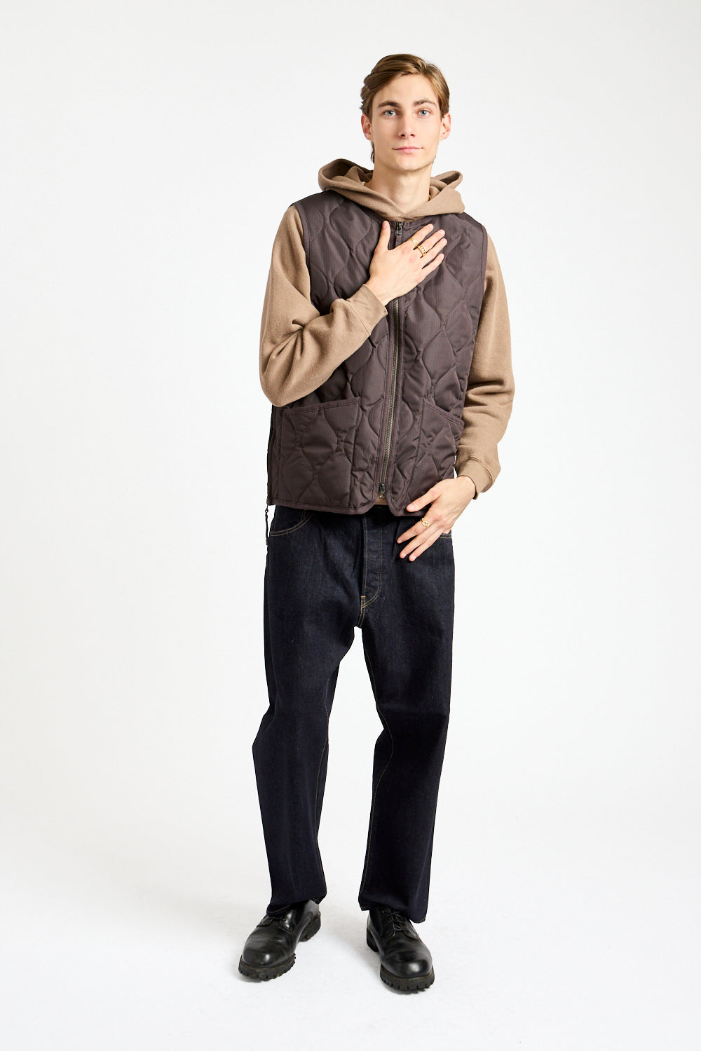 Military Crewneck Zip Down Vest in Dark Chocolate