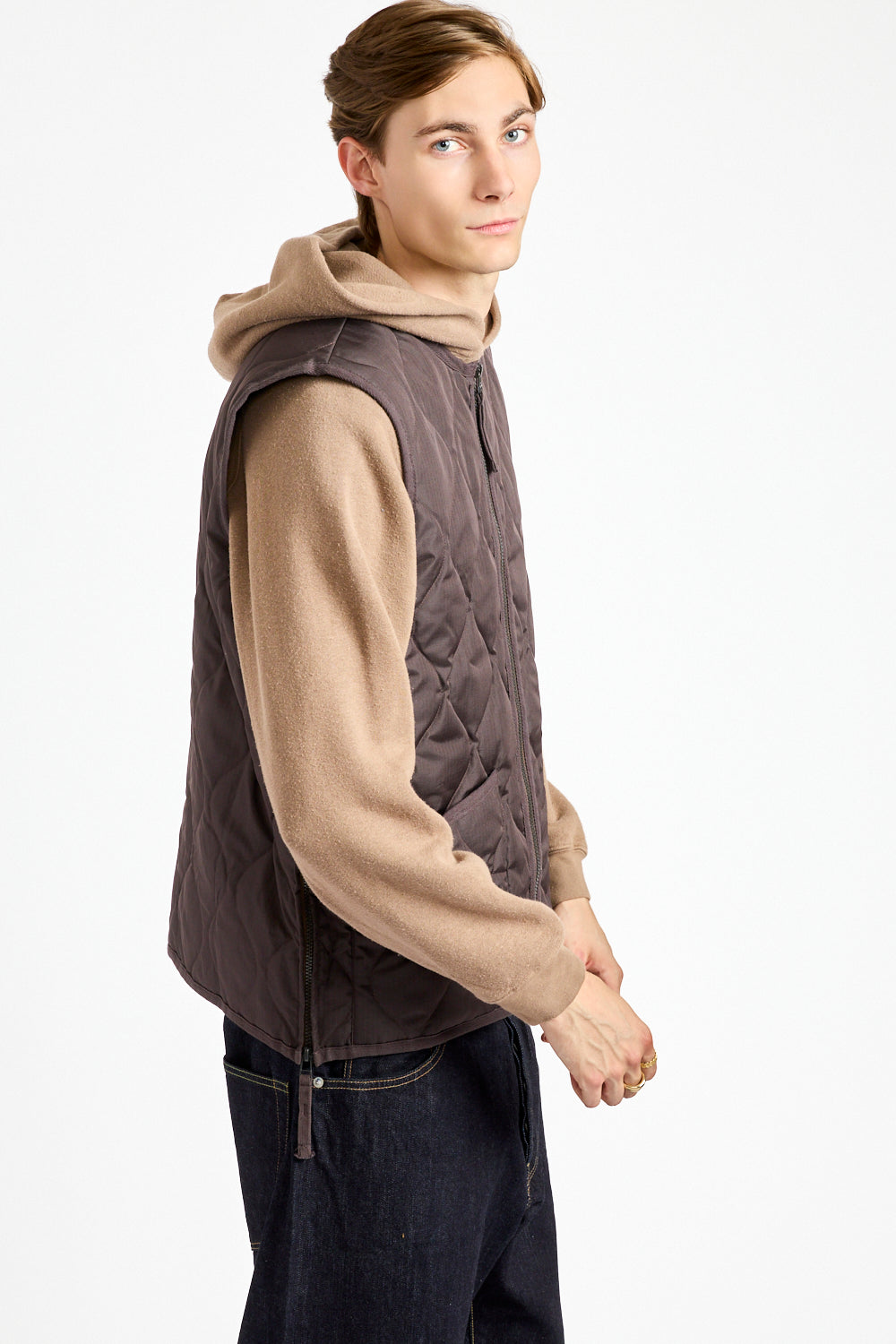 Military Crewneck Zip Down Vest in Dark Chocolate