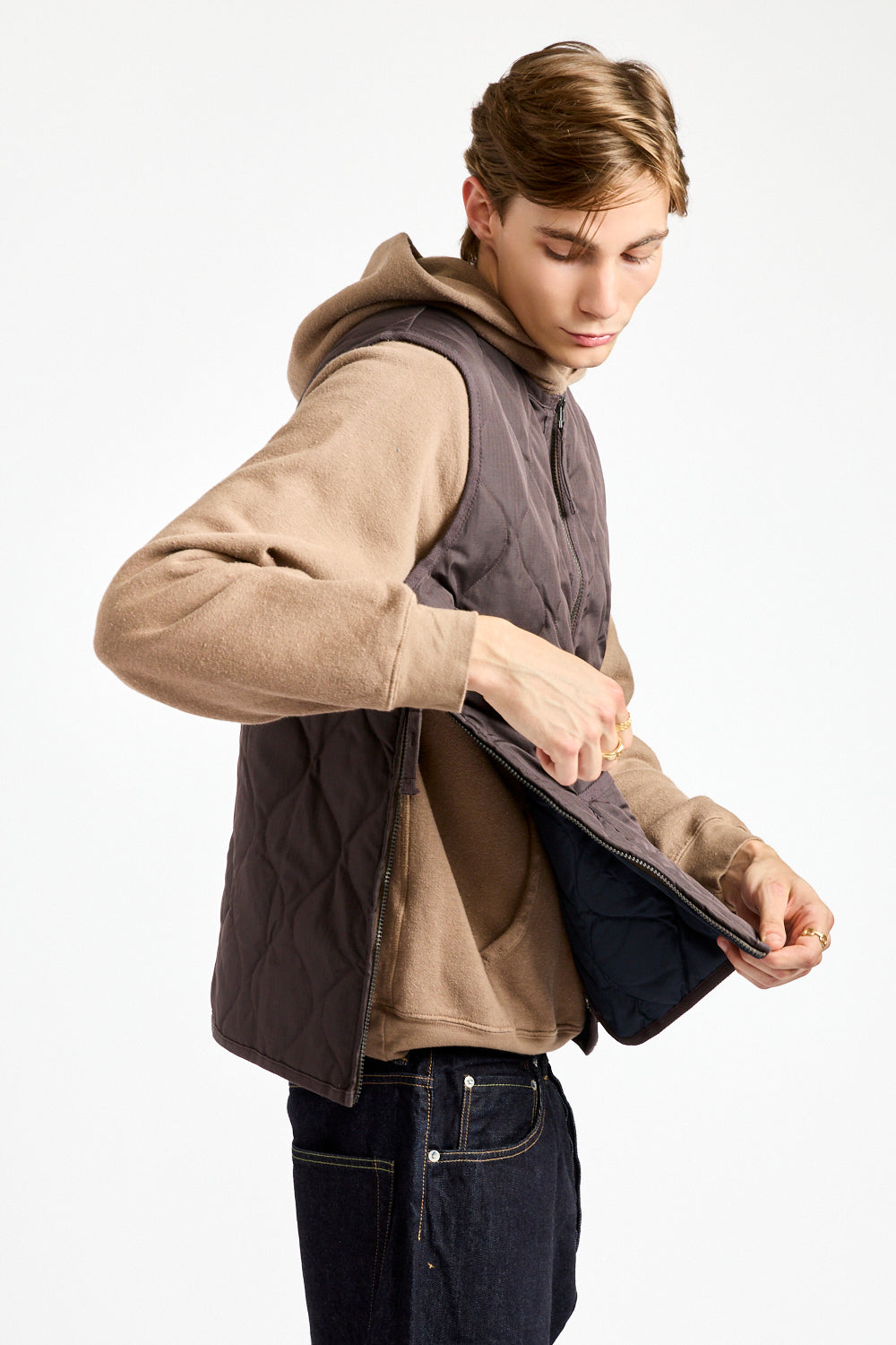 Military Crewneck Zip Down Vest in Dark Chocolate