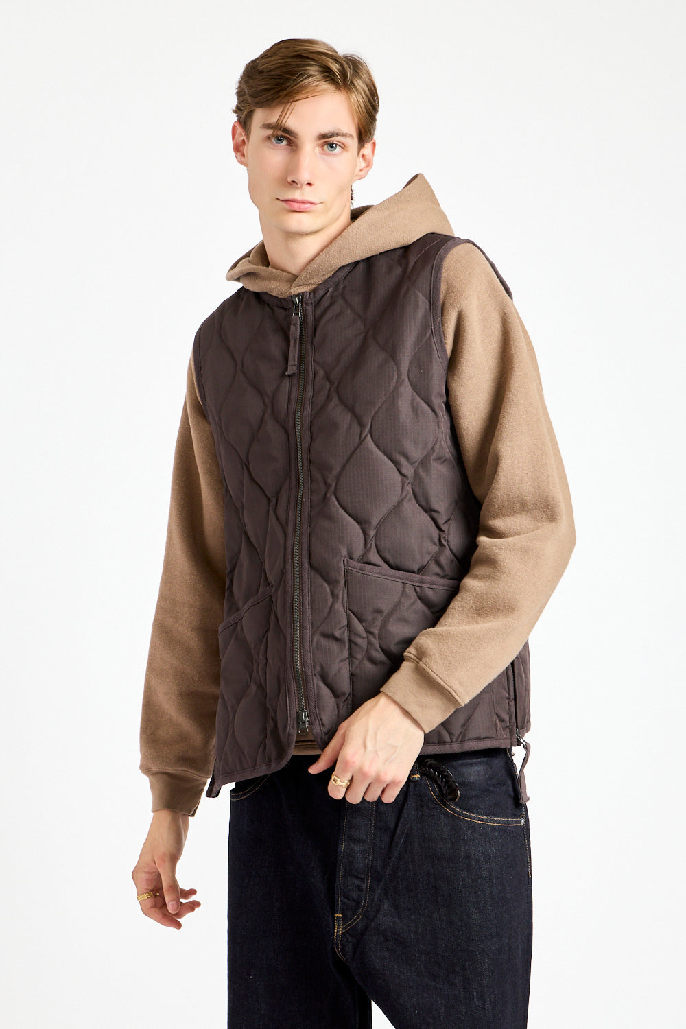 Military Crewneck Zip Down Vest in Dark Chocolate