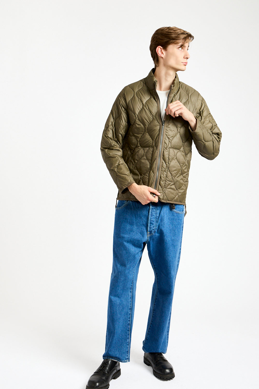 Military Hi-Neck Zip Down Jacket in Dark Olive