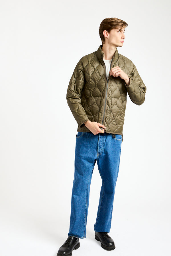 Military Hi-Neck Zip Down Jacket in Dark Olive