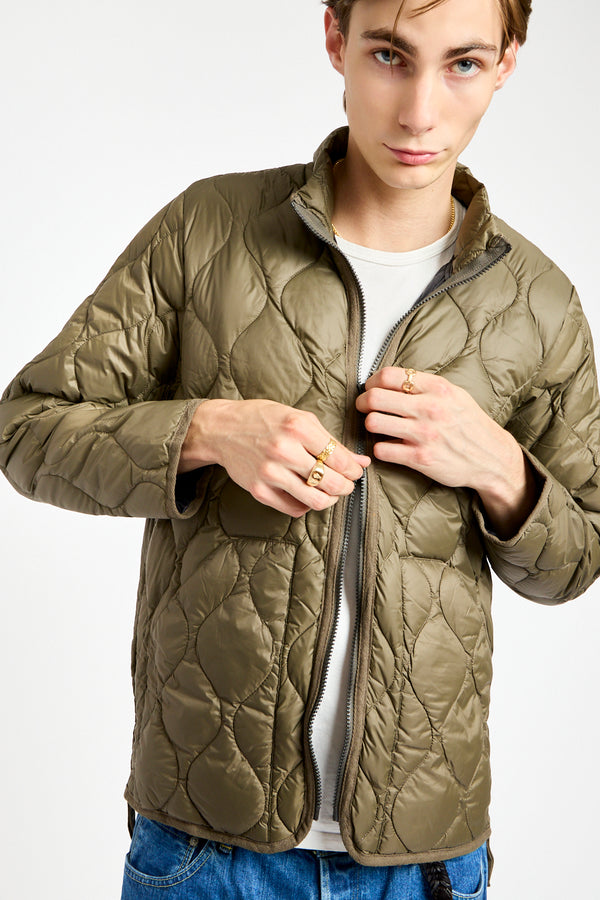 Military Hi-Neck Zip Down Jacket in Dark Olive