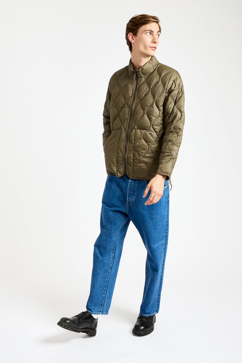 Military Hi-Neck Zip Down Jacket in Dark Olive