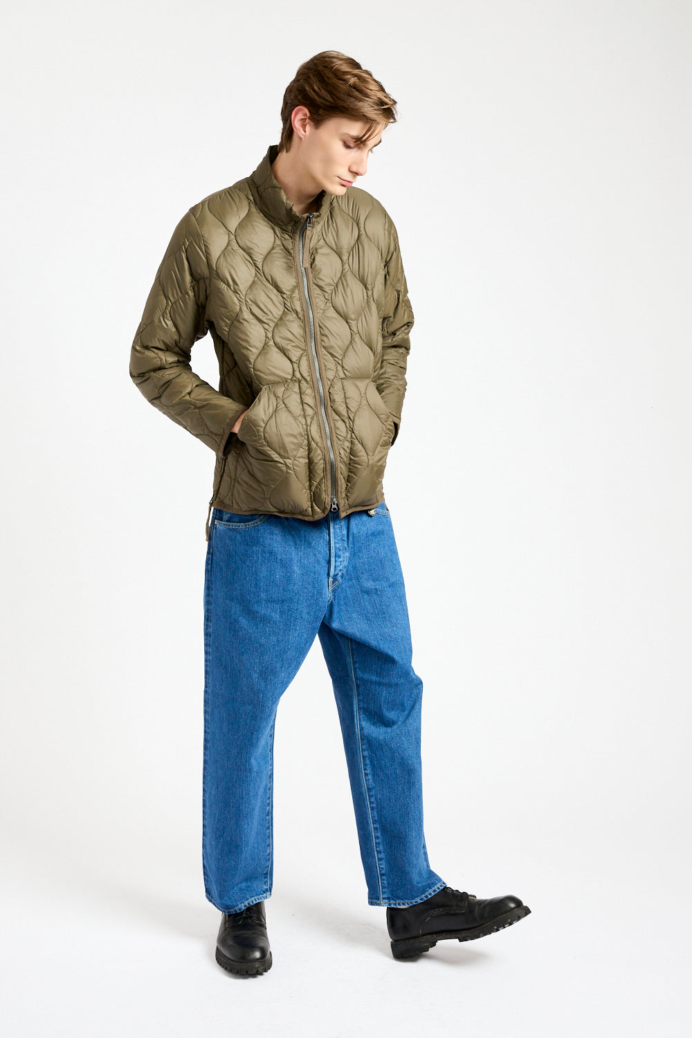 Military Hi-Neck Zip Down Jacket in Dark Olive