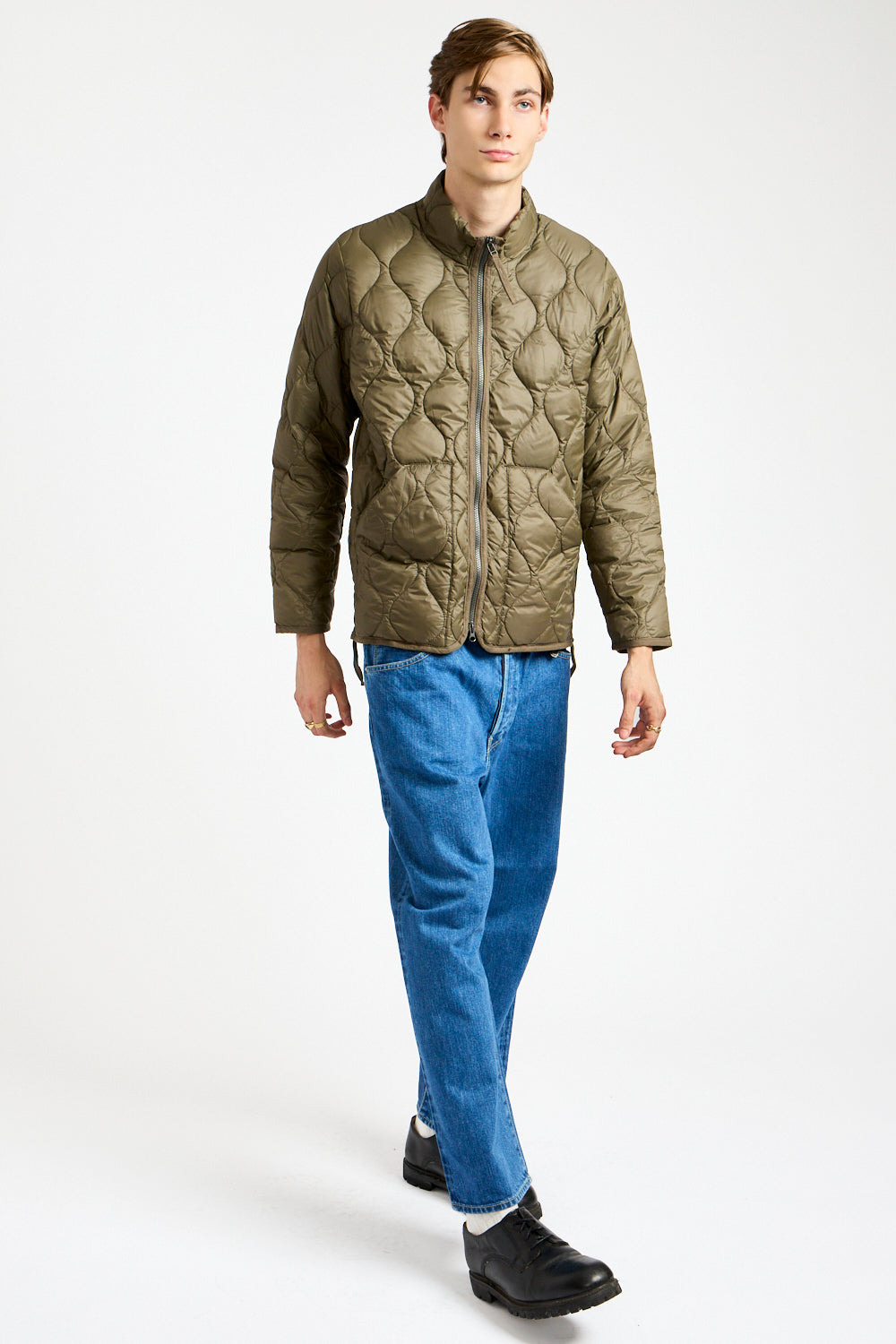 Military Hi-Neck Zip Down Jacket in Dark Olive