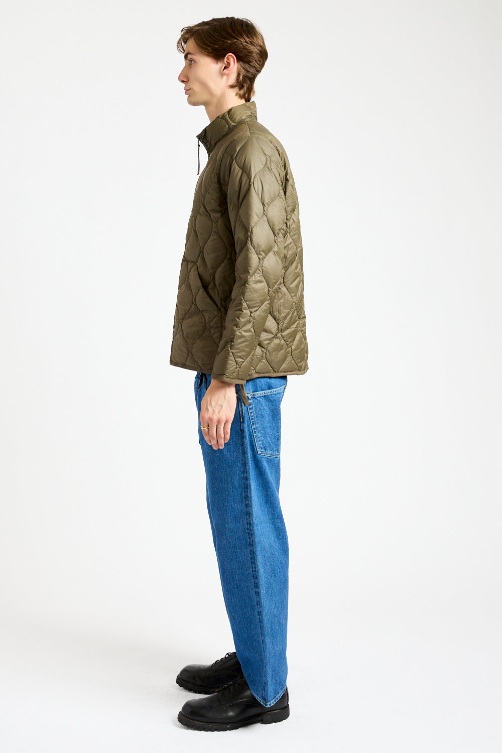 Military Hi-Neck Zip Down Jacket in Dark Olive