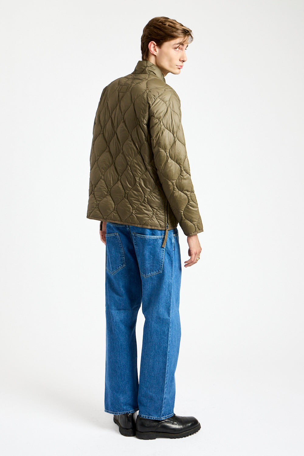 Military Hi-Neck Zip Down Jacket in Dark Olive