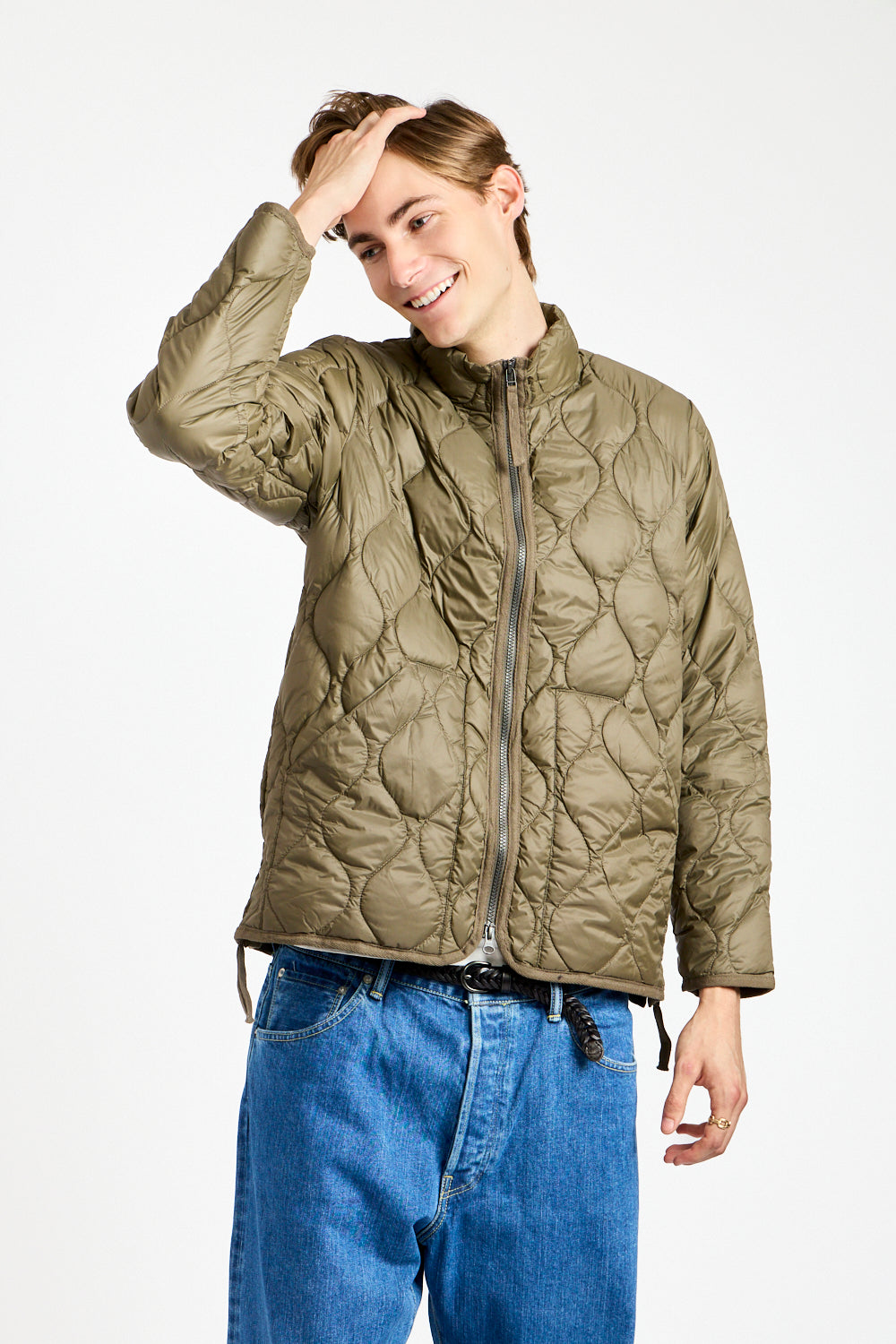 Military Hi-Neck Zip Down Jacket in Dark Olive