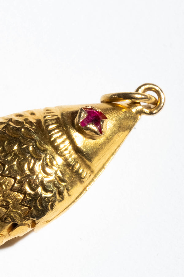 22K Articulated Fish Pendant with Ruby Eyes