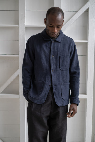 evan kinori | THREE POCKET JACKET IN NAVY BUTCHER LINEN