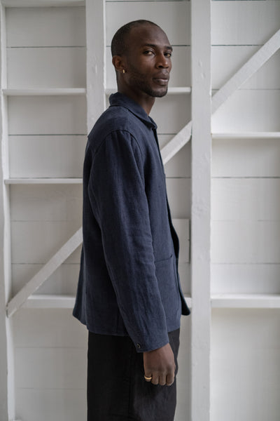 evan kinori | THREE POCKET JACKET IN NAVY BUTCHER LINEN