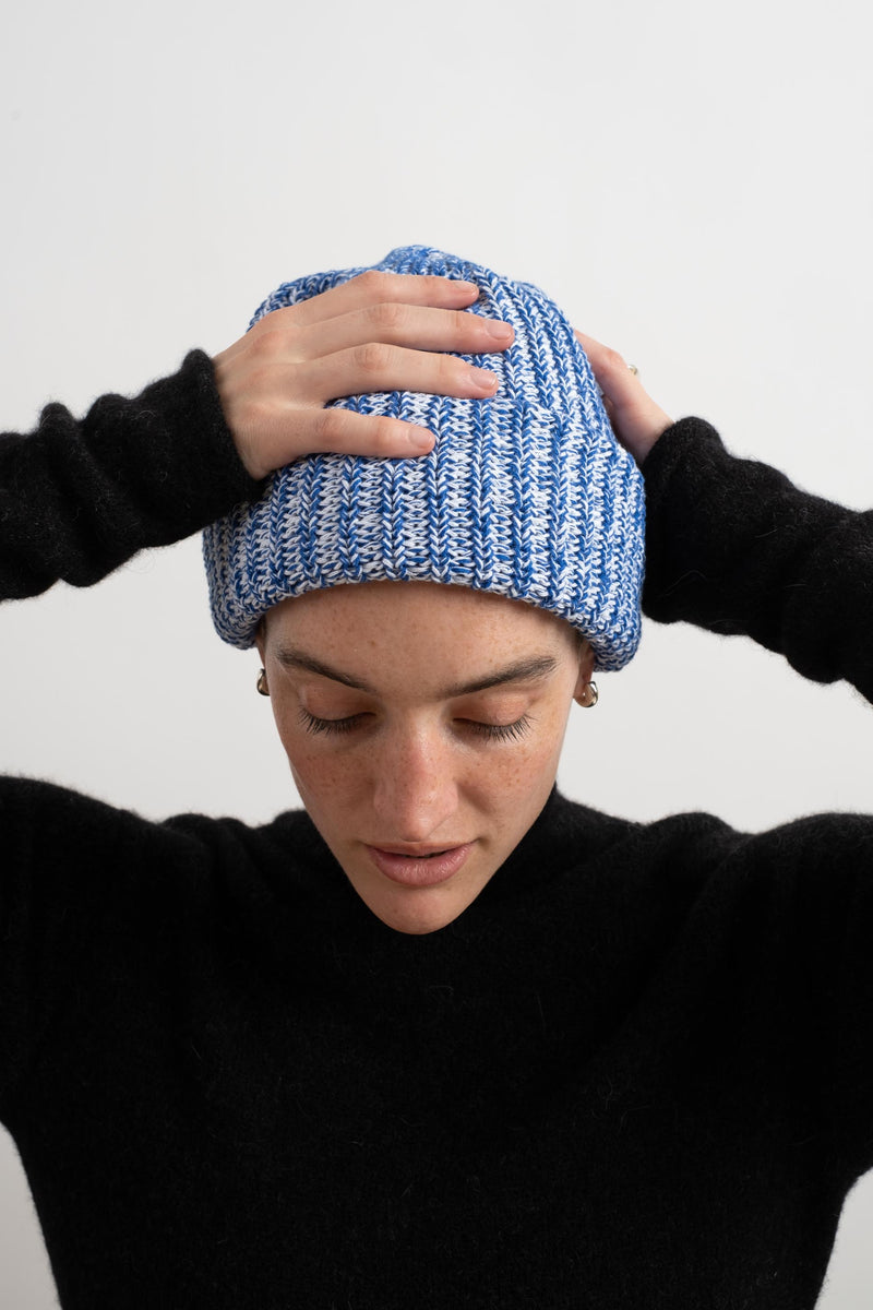 KNIT HAT IN ROYAL BLUE + WHITE MARL
