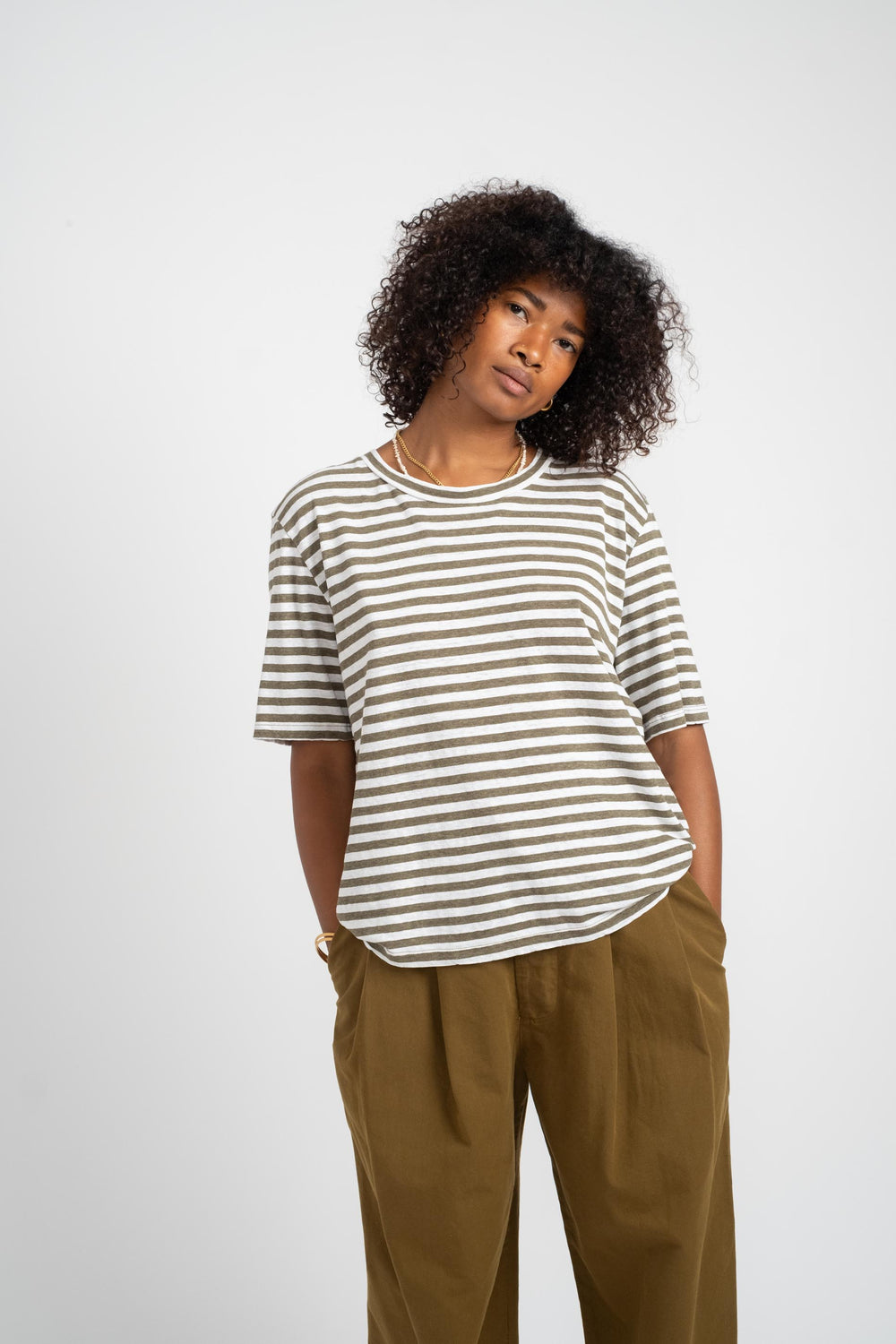 Stripe Silverlake Cropped Tee in Olive + White