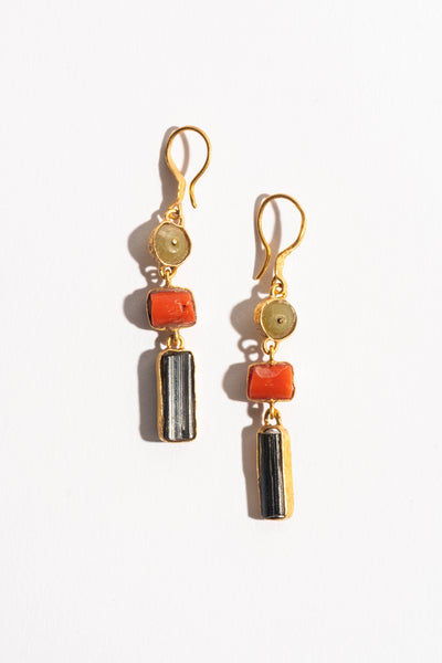 22K 3 Drop Coral, Tourmaline and Chimu Earrings