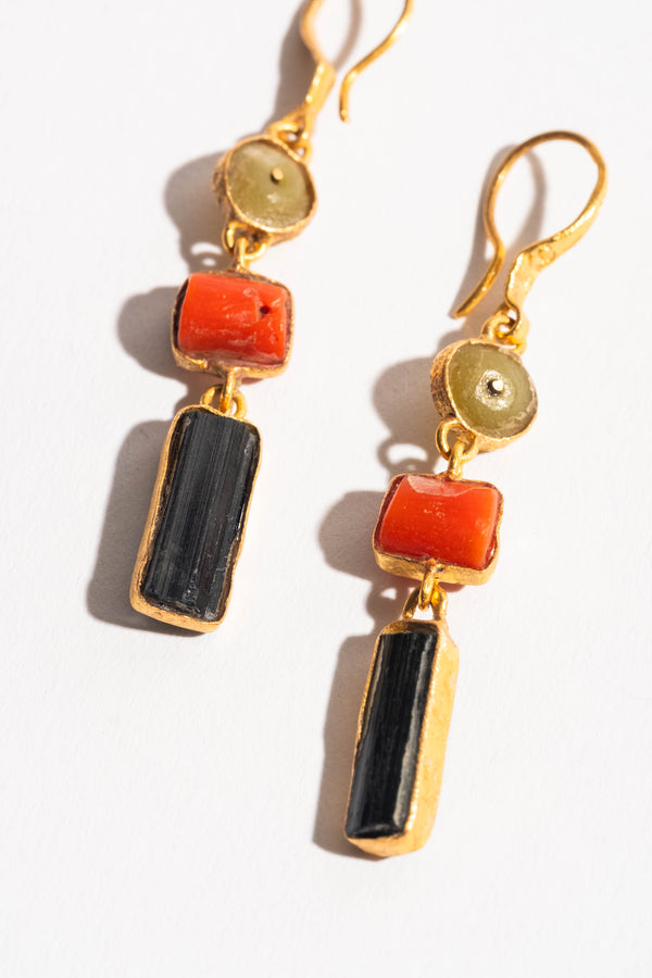 22K 3 Drop Coral, Tourmaline and Chimu Earrings