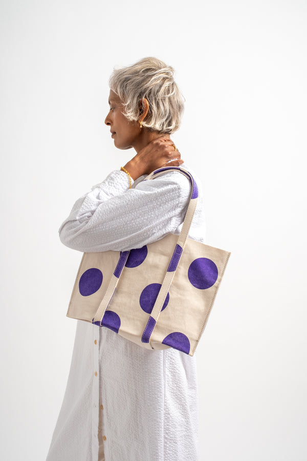 Small Washed Canvas Tote in Purple Dot
