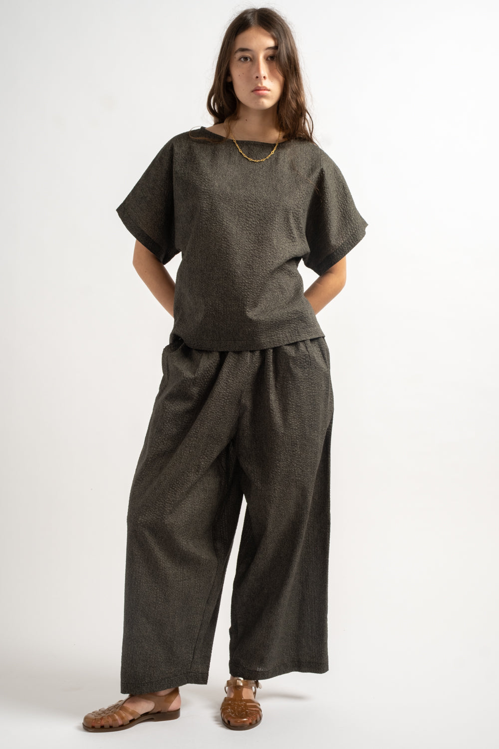 Wide Pants with Micro Wave Texture in Steel