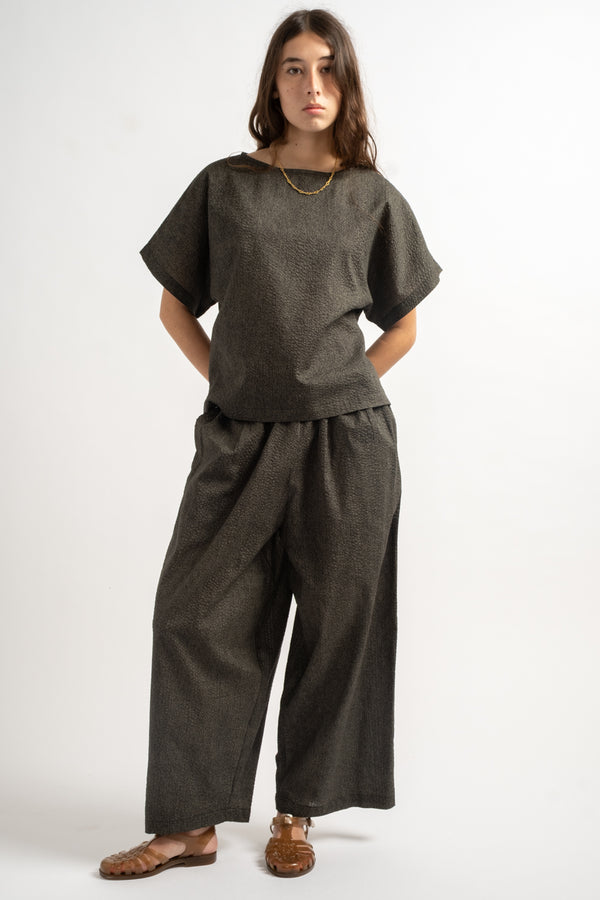 Wide Pants with Micro Wave Texture in Steel