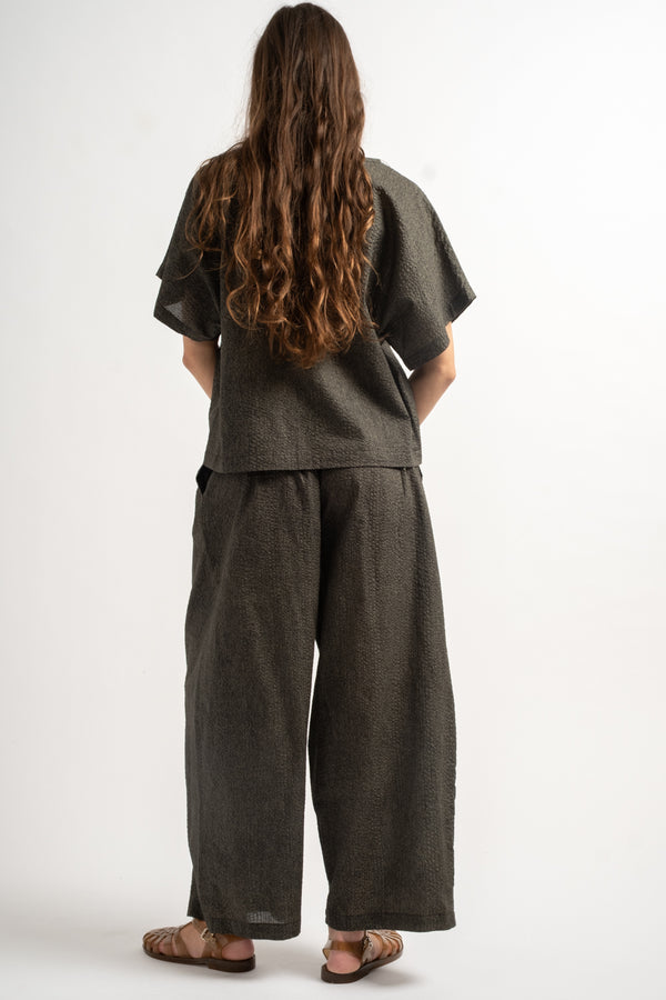 Wide Pants with Micro Wave Texture in Steel