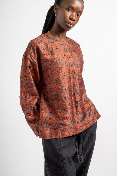 Embroidery Slit Blouse in Brown